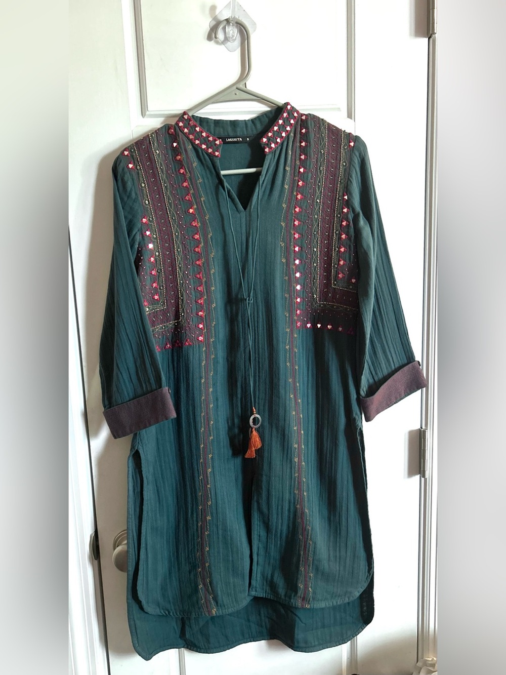 Lakshita Green Embroidered Boho Tunic Dress Mirror Shisha Work Small